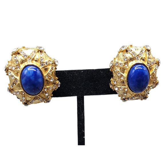 Lapis Inspired Sodalite & Crystal Clip-On Earrings Entrunscun Inspired Vintage - Picture 3 of 15